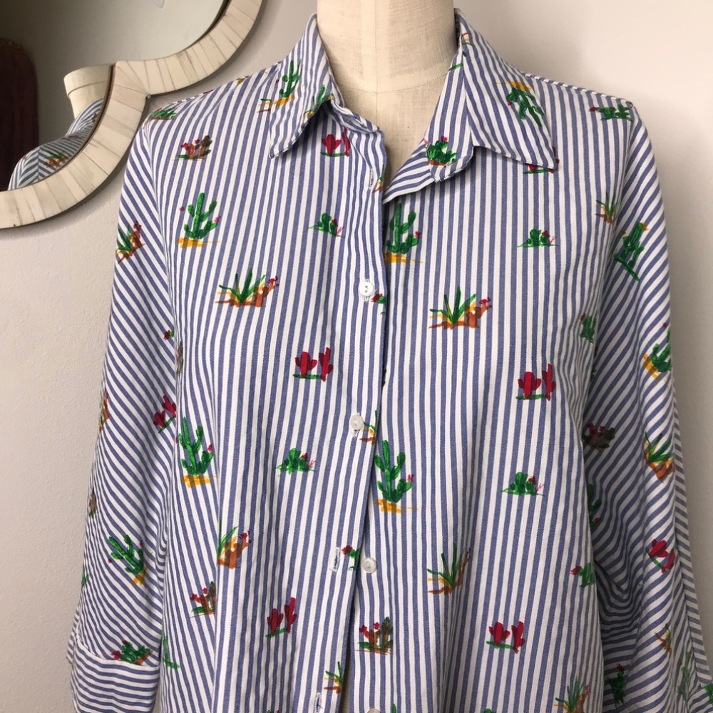 Zara Stripe Cactus Print Button Down Top - image 4